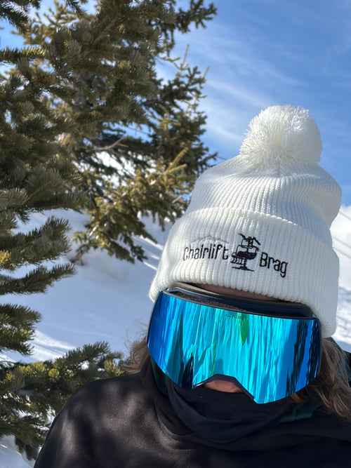 Chairlift Brag Embroidered Essential White Pom-Pom Beanie